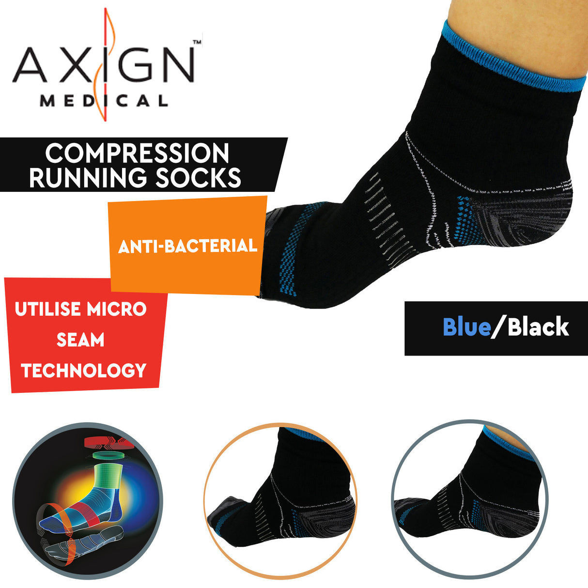 AXIGN Medical Compression Running Socks - Blue/Black