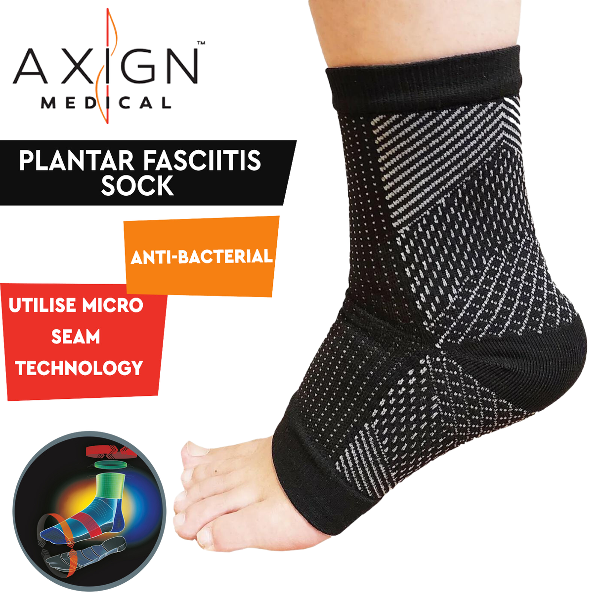 1 Pair AXIGN Medical Plantar Fasciitis Compression Sock Ankle Sleeve Support - Black