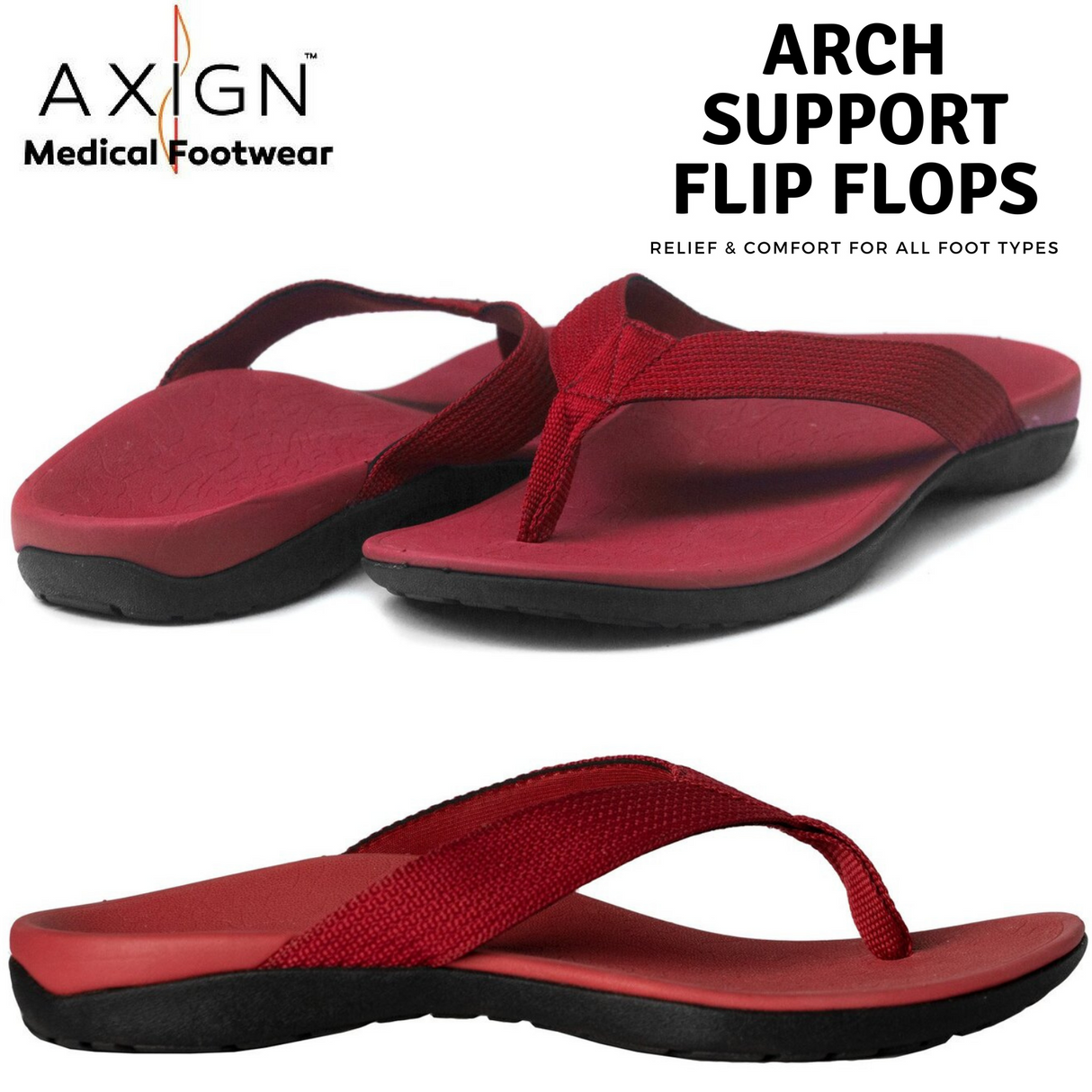 AXIGN Premium Orthotic Arch Support Flip Flops Sandal Thongs Archline - Red