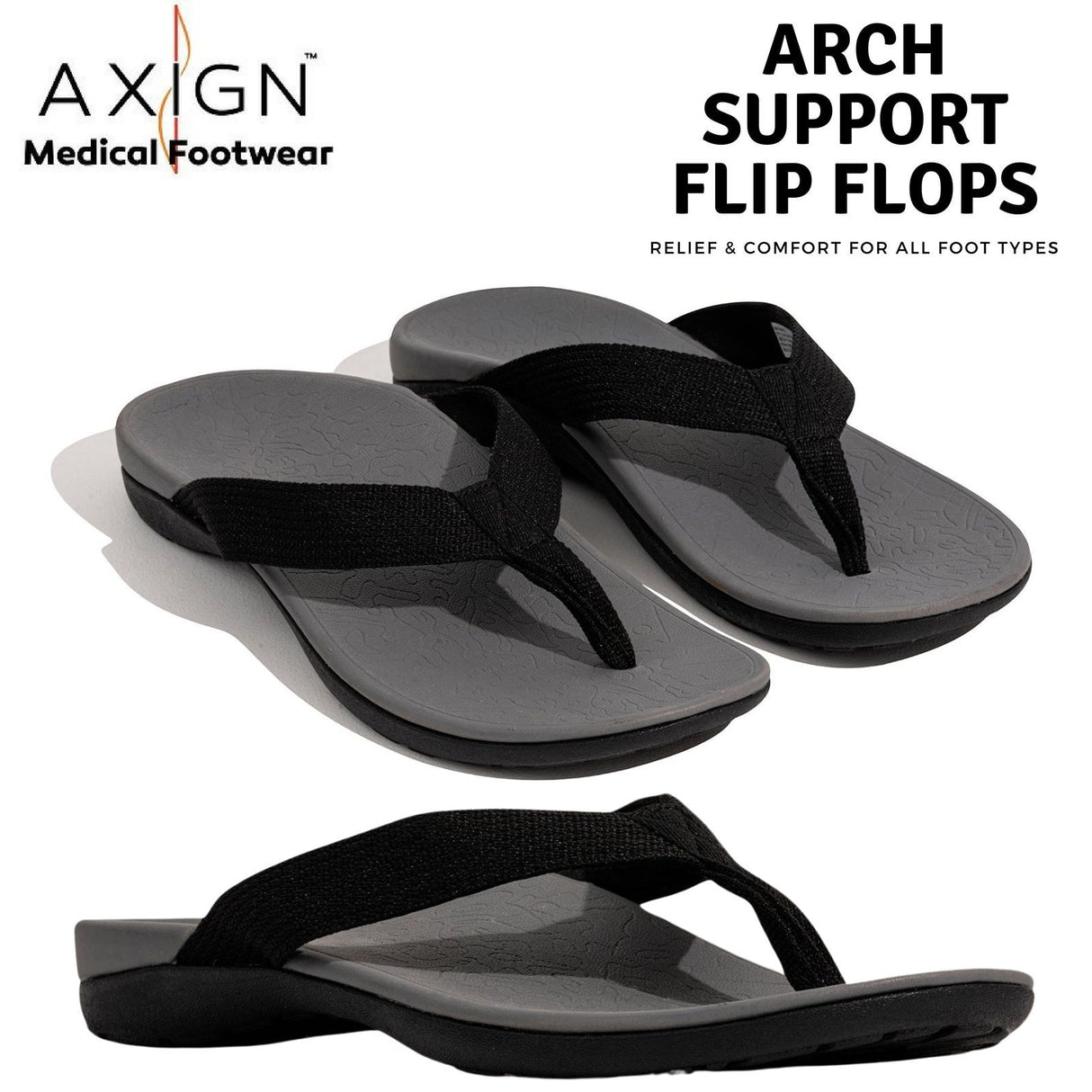 AXIGN Premium Orthotic Arch Support Flip Flops Sandal Thongs Archline - Grey/Black