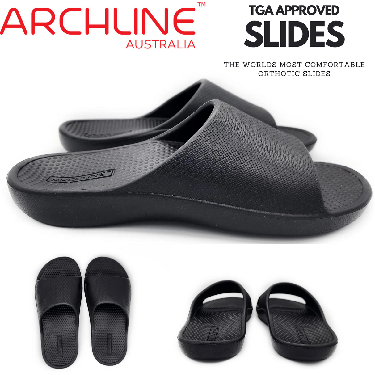 Archline Rebound Orthotic Slides Flip Flop Thongs Slip On Arch Support - Black