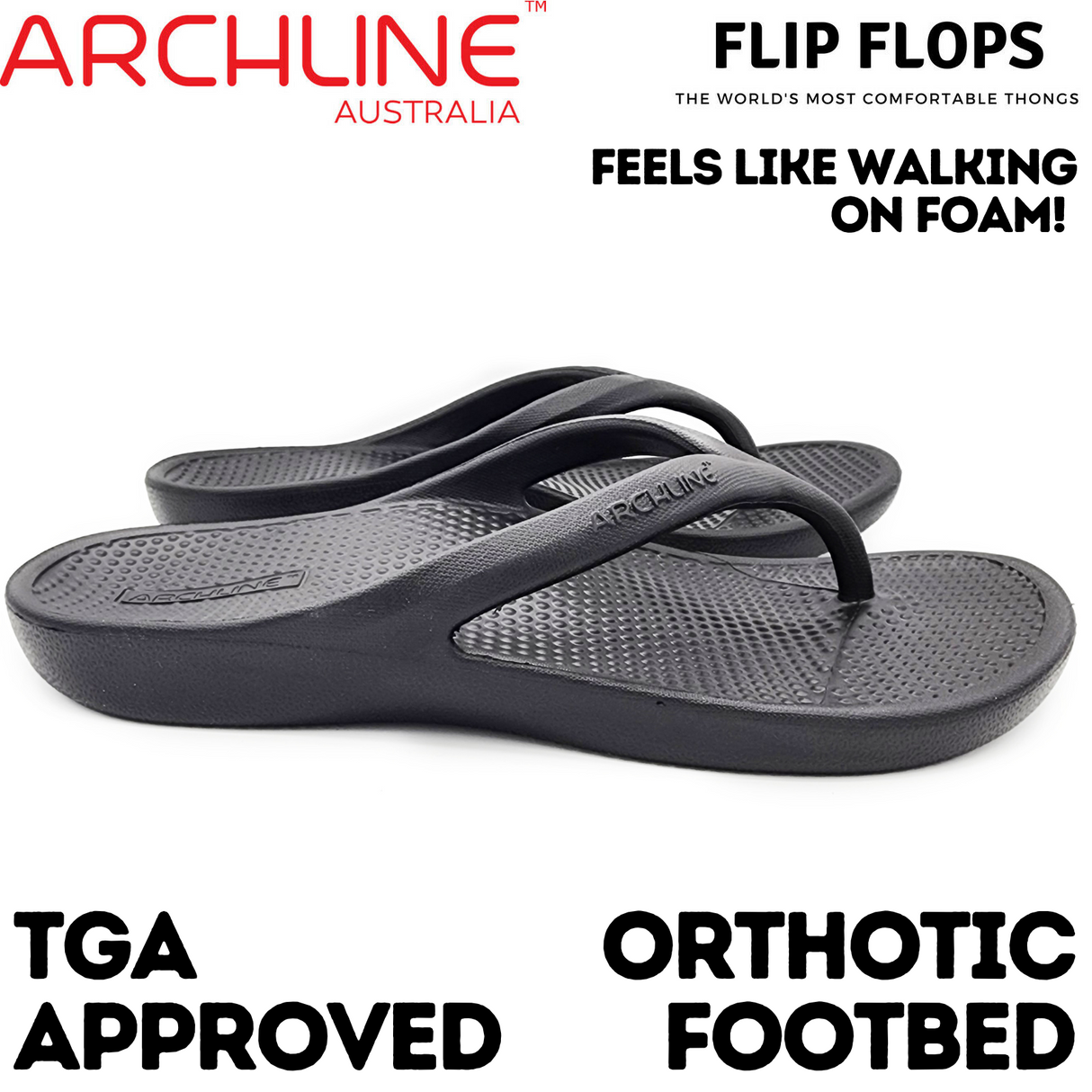 Archline Rebound Orthotic Foam Thongs Arch Support Flip Flops Orthopedic - Black