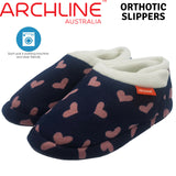 ARCHLINE Orthotic Slippers CLOSED Arch Scuffs Moccasins Pain Relief in Navy Hearts