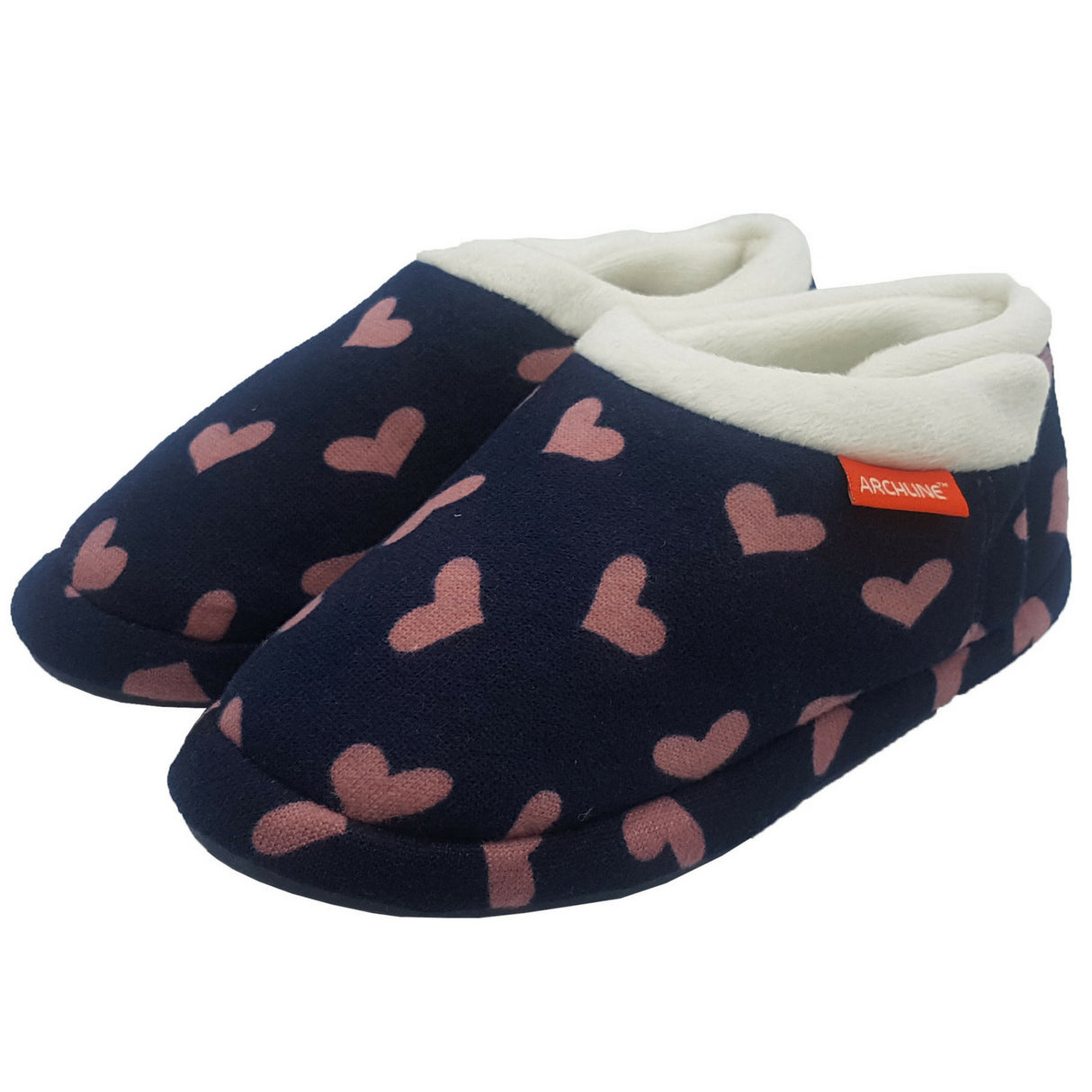 ARCHLINE Orthotic Slippers CLOSED Arch Scuffs Moccasins Pain Relief in Navy Hearts