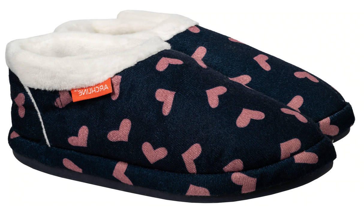 ARCHLINE Orthotic Slippers CLOSED Arch Scuffs Moccasins Pain Relief in Navy Hearts