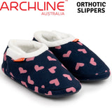 ARCHLINE Orthotic Slippers CLOSED Arch Scuffs Moccasins Pain Relief in Navy Hearts