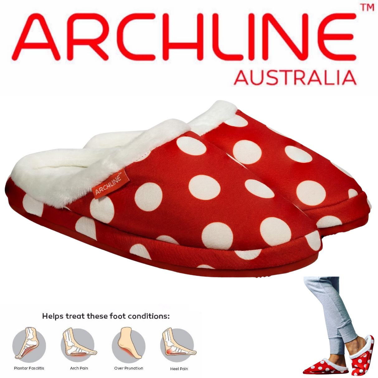 ARCHLINE Orthotic Slippers Slip On Scuffs Pain Relief Moccasins - Red Polka Dot