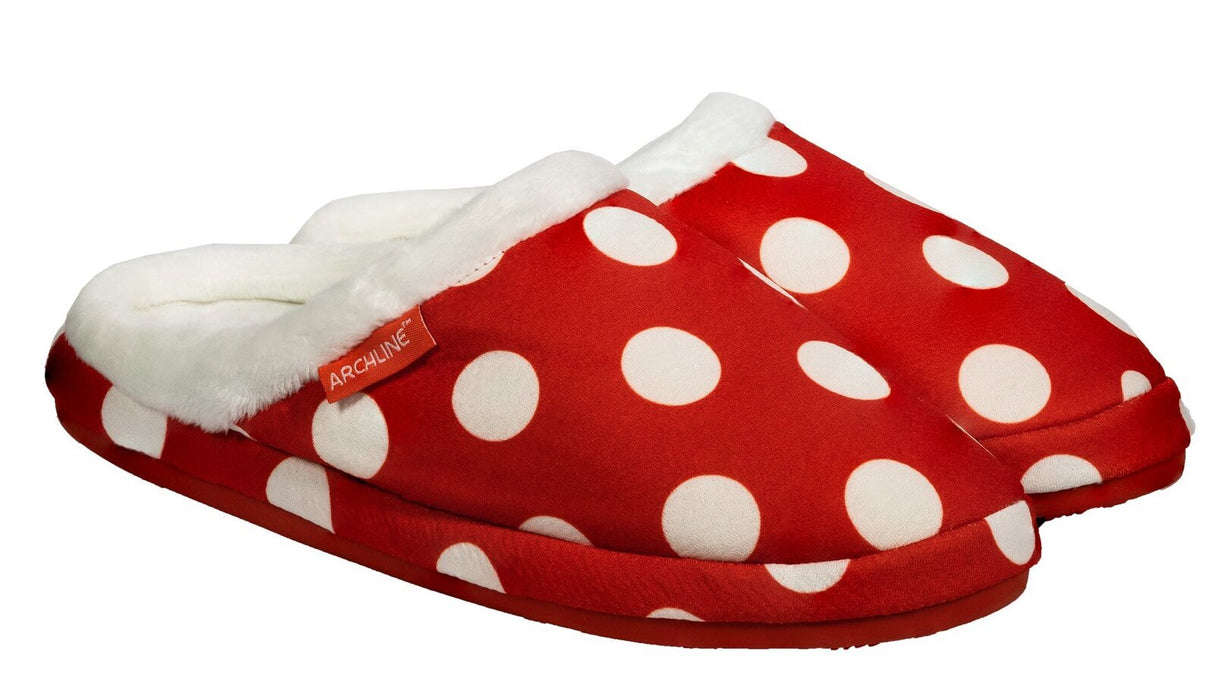 ARCHLINE Orthotic Slippers Slip On Scuffs Pain Relief Moccasins - Red Polka Dot