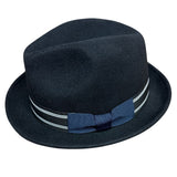 Mens 100% Wool Trilby Fedora Hat in Navy with Ribbon