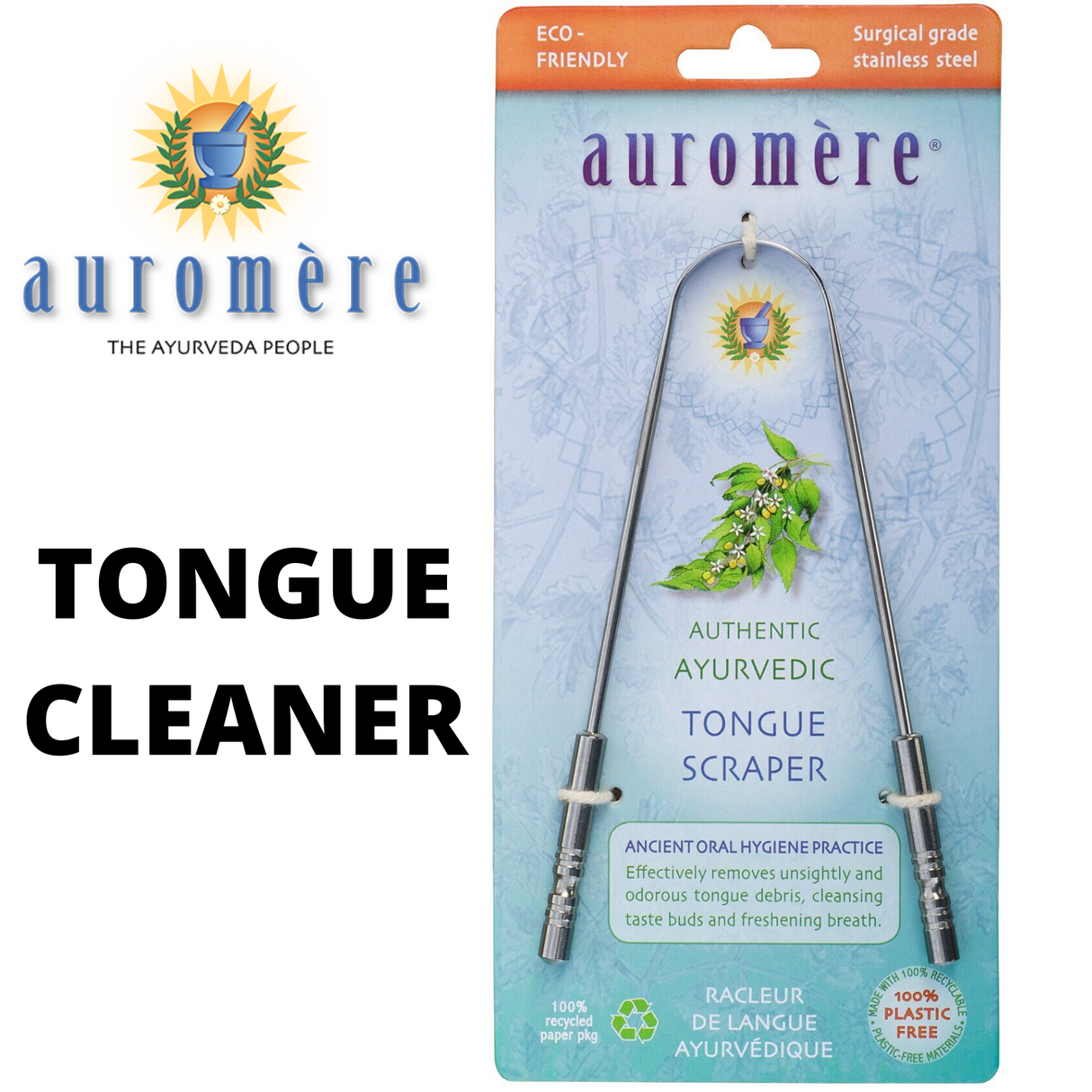 Auromere Ayurvedic TONGUE CLEANER Dental Hygiene Scraper Stainless Steel