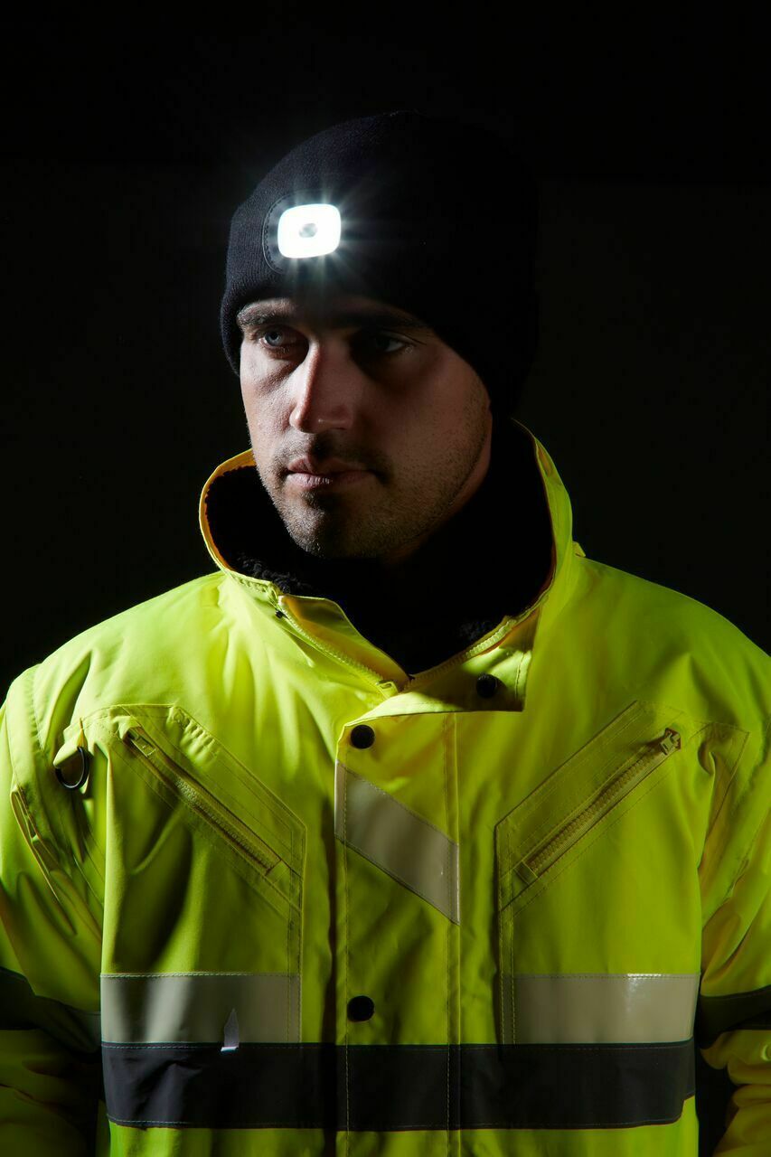 PORTWEST Beanie with LED Head Light USB Rechargeable Camping Cycling Workwear Hat - Hi Vis Orange