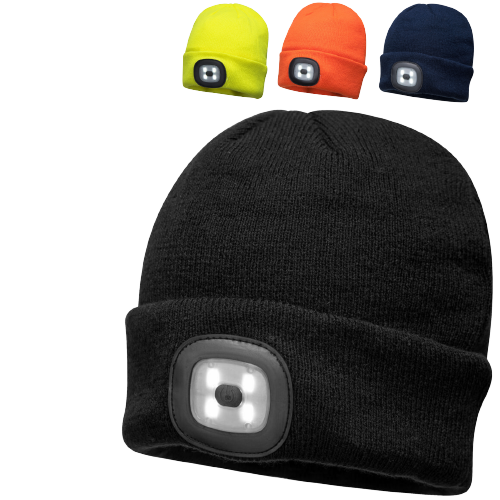 PORTWEST Beanie with LED Head Light USB Rechargeable Camping Cycling Workwear Hat - Black