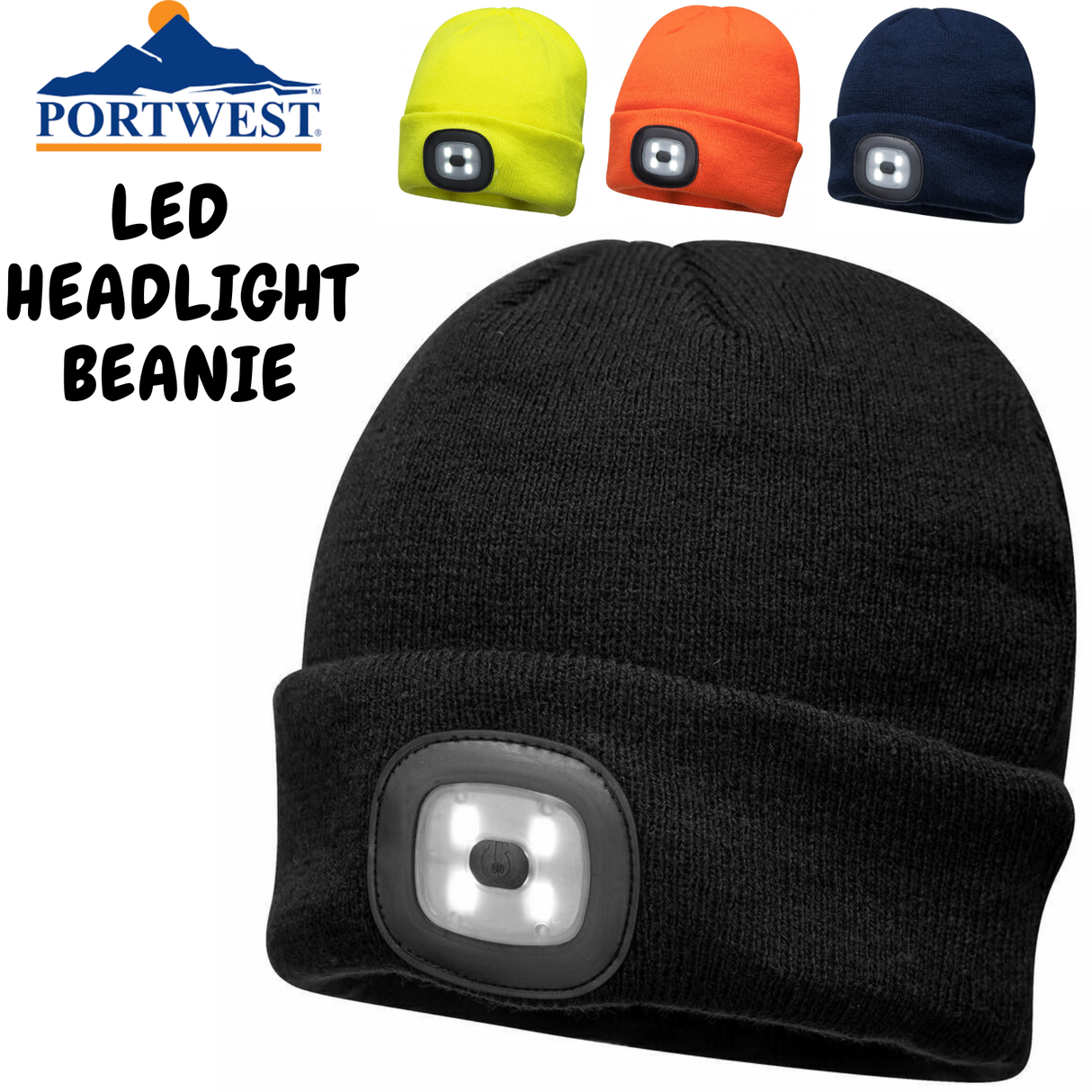 PORTWEST Beanie with LED Head Light USB Rechargeable Camping Cycling Workwear Hat - Navy