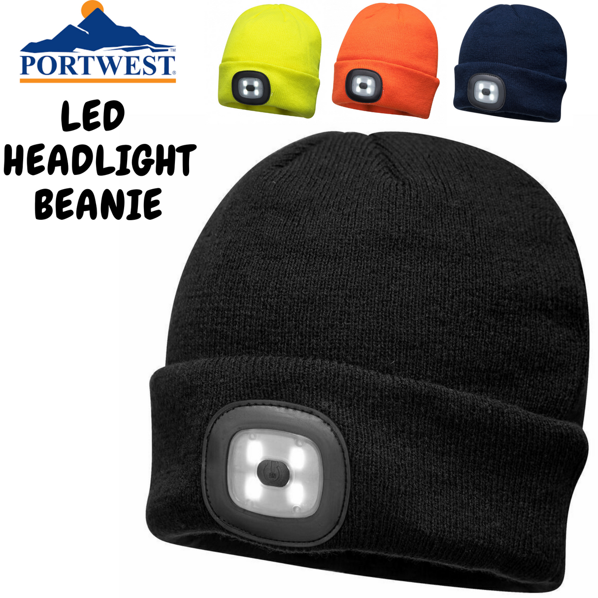 PORTWEST Beanie with LED Head Light USB Rechargeable Camping Cycling Workwear Hat - Hi Vis Yellow