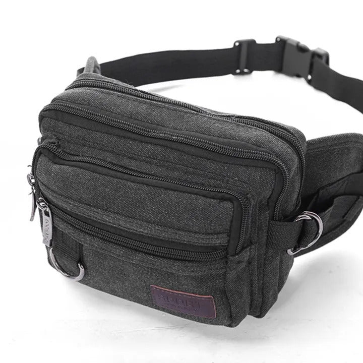 LARGE CANVAS BUM BAG Wallet Waist Pouch Travel Pocket Belt Storage in Black