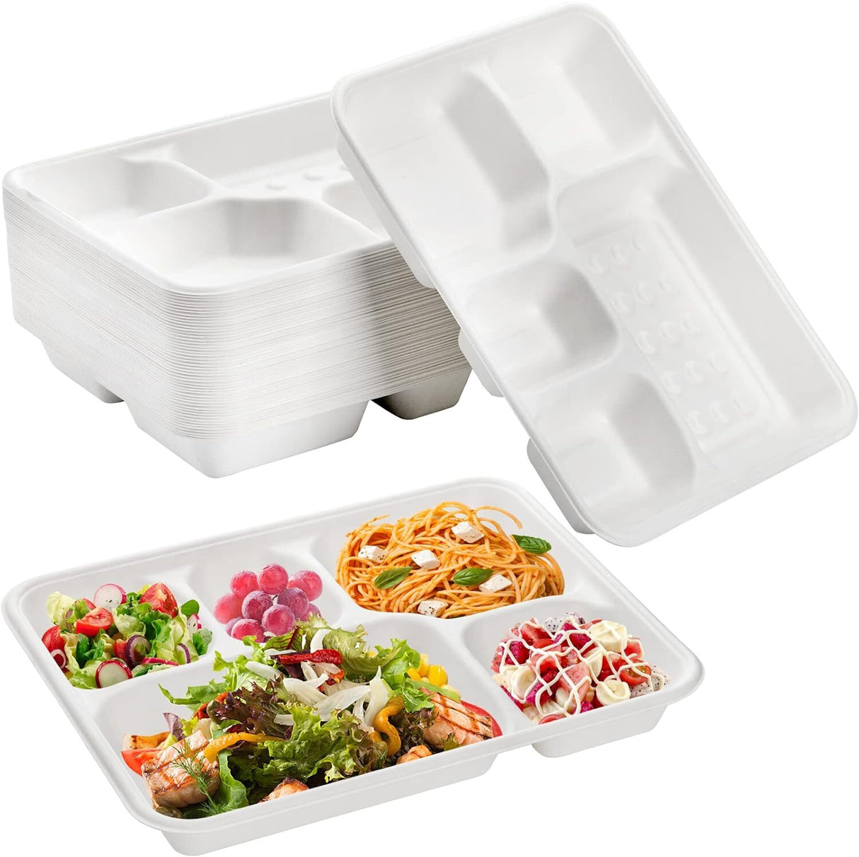 240pcs Sugarcane Bagasse 5 Deep Compartment Lunch Paper Tray Plates 28x22cm Bulk