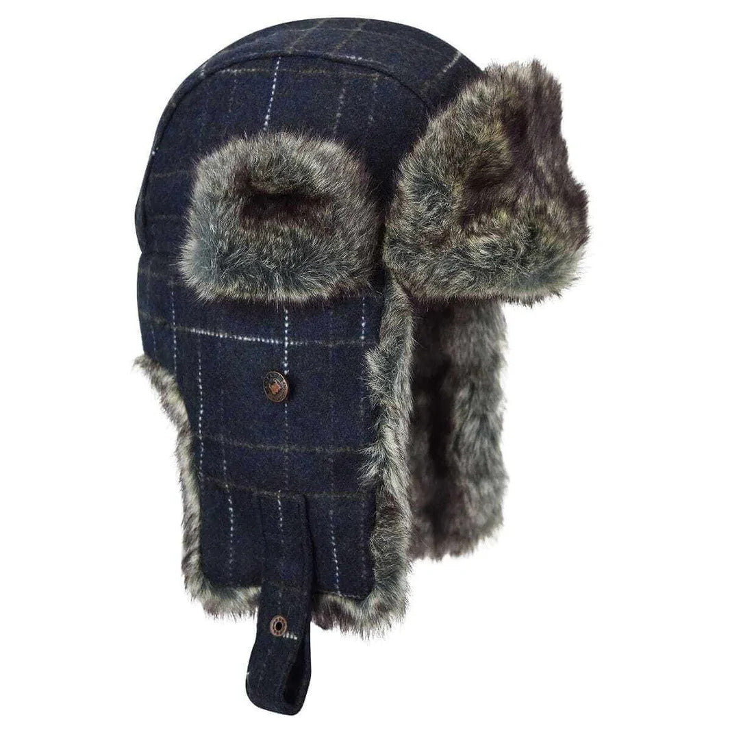 Bailey Mens Brodie Trapper Hat Fur Tweed Fabric - Marled Black & Navy Plaid