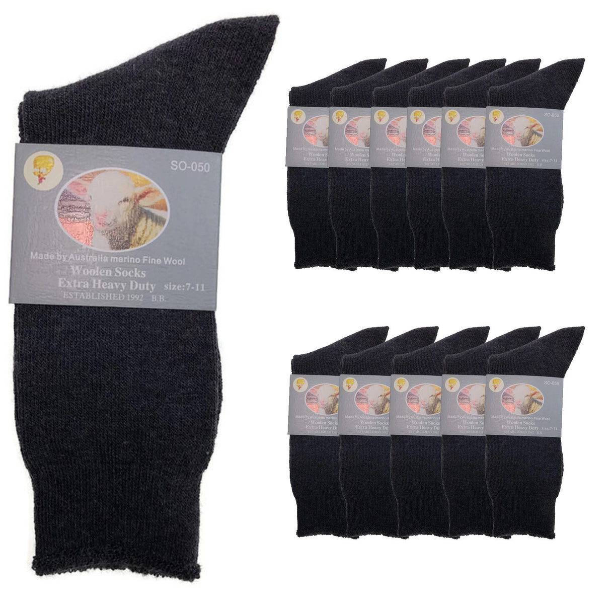 12 Pairs Merino Wool Blend Woolen Work Socks Hiking Heavy Duty Warm Thermal BULK - Black