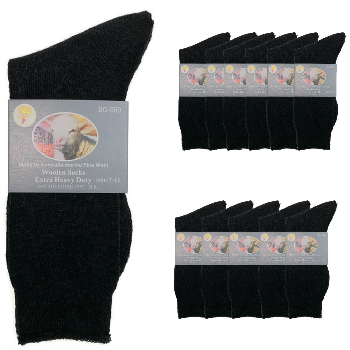 12 Pairs Merino Wool Blend Woolen Work Socks Hiking Heavy Duty Warm Thermal BULK - Charcoal