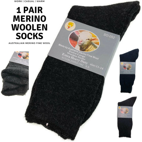 1 Pair Merino Wool Blend Woolen Work Socks Hiking Heavy Duty Warm Winter Thermal - Charcoal