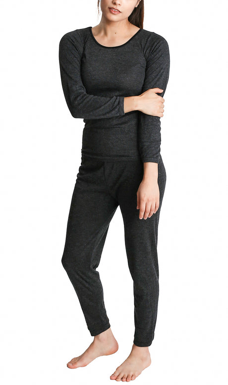 2pcs Womens Merino Wool Blend Top & Pants Thermal Set Leggings Long Johns Underwear - Black