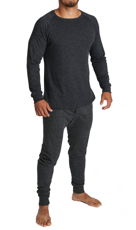 2pcs Set Mens Merino Wool Blend Long Sleeve Thermal Top & Long Johns Pants Underwear - Black