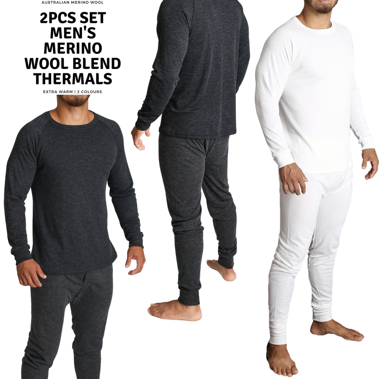 2pcs Set Mens Merino Wool Blend Long Sleeve Thermal Top & Long Johns Pants Underwear