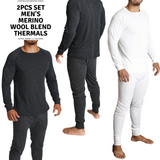 2pcs Set Mens Merino Wool Blend Long Sleeve Thermal Top & Long Johns Pants Underwear