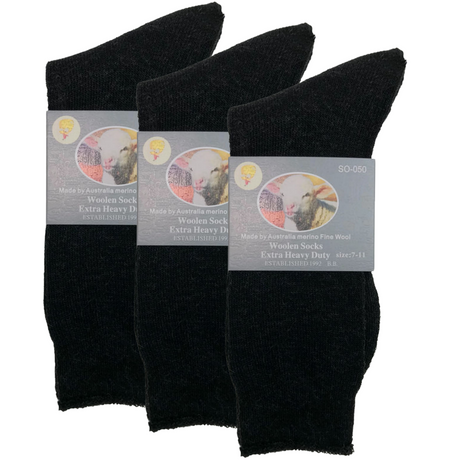 3 Pairs Merino Wool Blend Woolen Work Socks Hiking Heavy Duty Warm Thermal - Charcoal