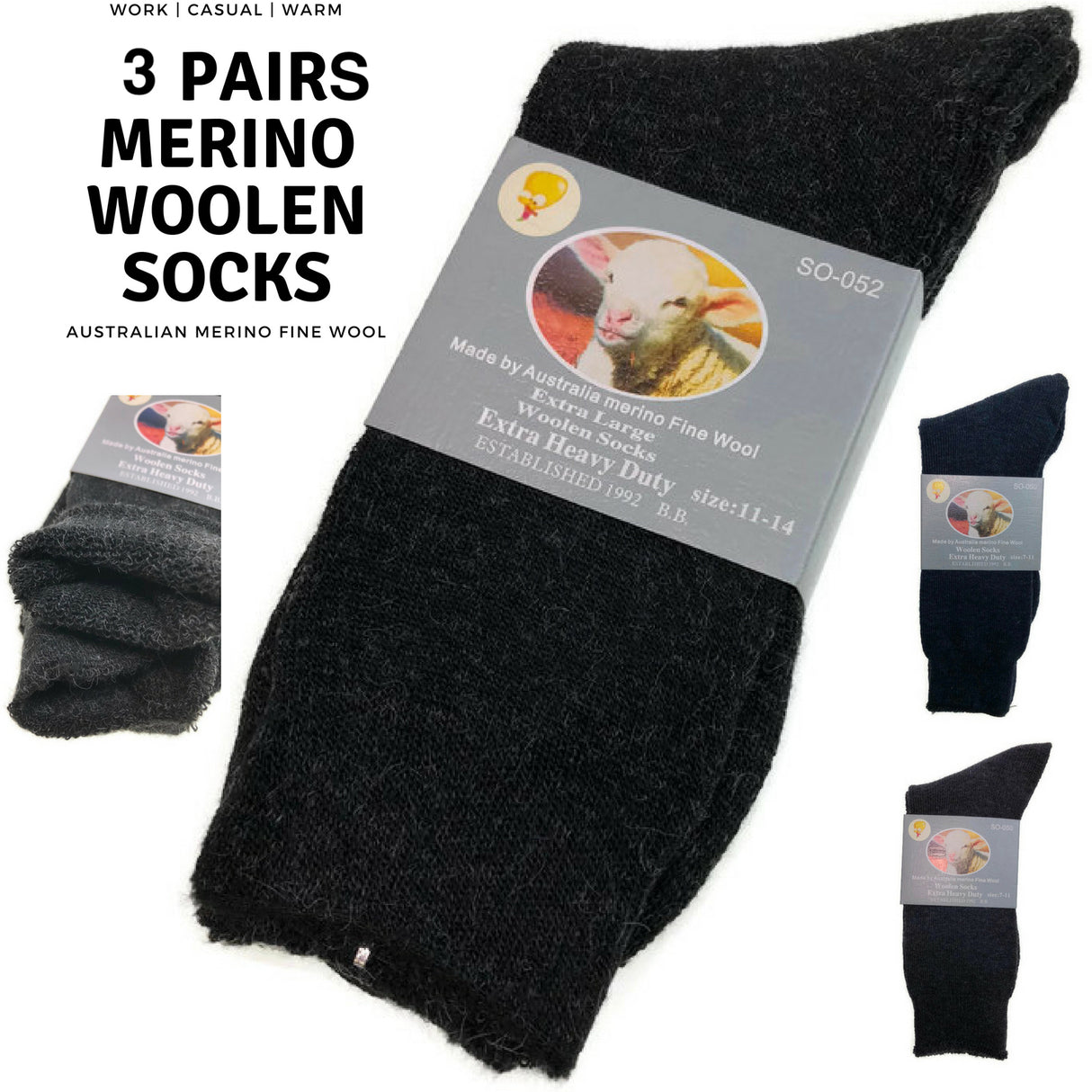 3 Pairs Merino Wool Blend Woolen Work Socks Hiking Heavy Duty Warm Thermal