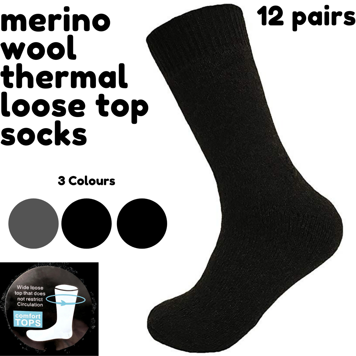 Merino Wool Mens Loose Top Thermal Socks Diabetic Comfort Circulation - 12 Pairs