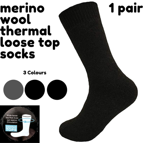 Merino Wool Mens Loose Top Thermal Socks Diabetic Comfort Circulation - 1 Pair - Black