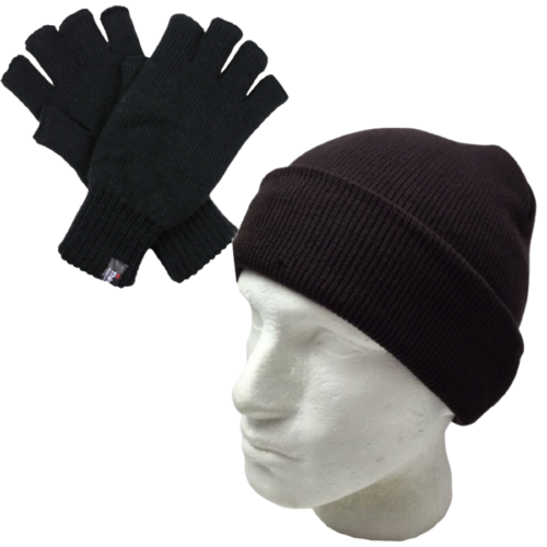 2pcs Set 3M Thinsulate Knitted Fingerless Gloves + Plain Beanie Hat Winter Warm