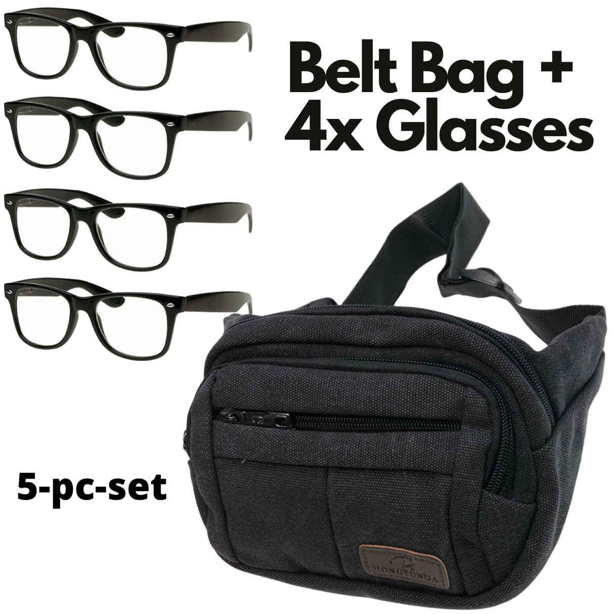 5PC Set Black Canvas Belt Bag Waist Pouch +  Classic Clear Lens Eye Glasses