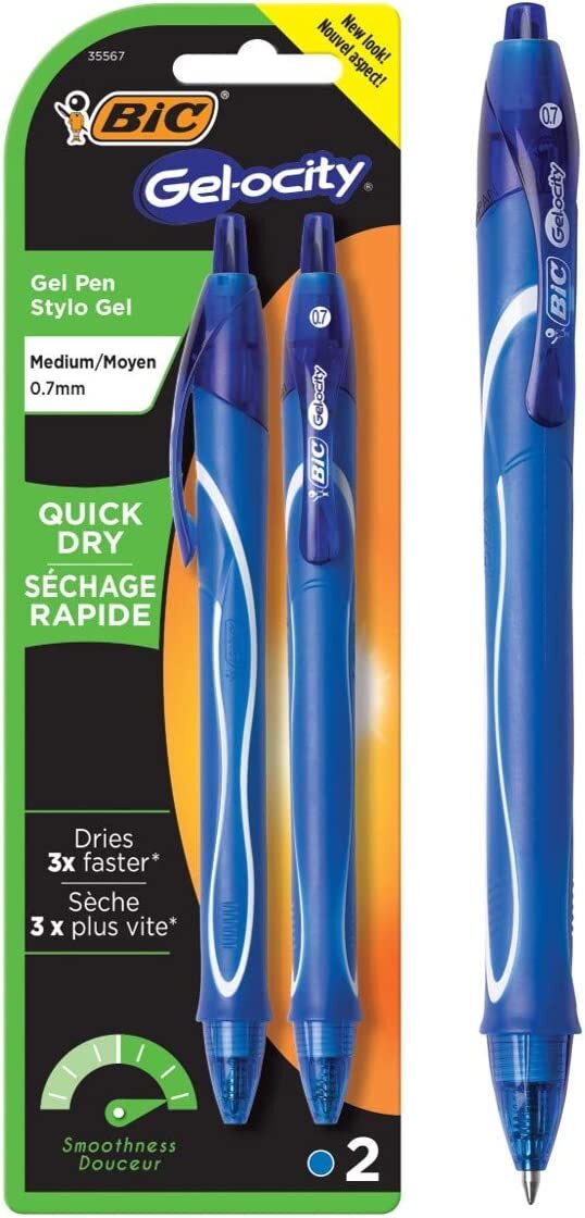 BIC Gel-ocity Quick Dry Blue Pen Gel Ink Medium Point (0.7mm) - 1 Pack of 2 Pens