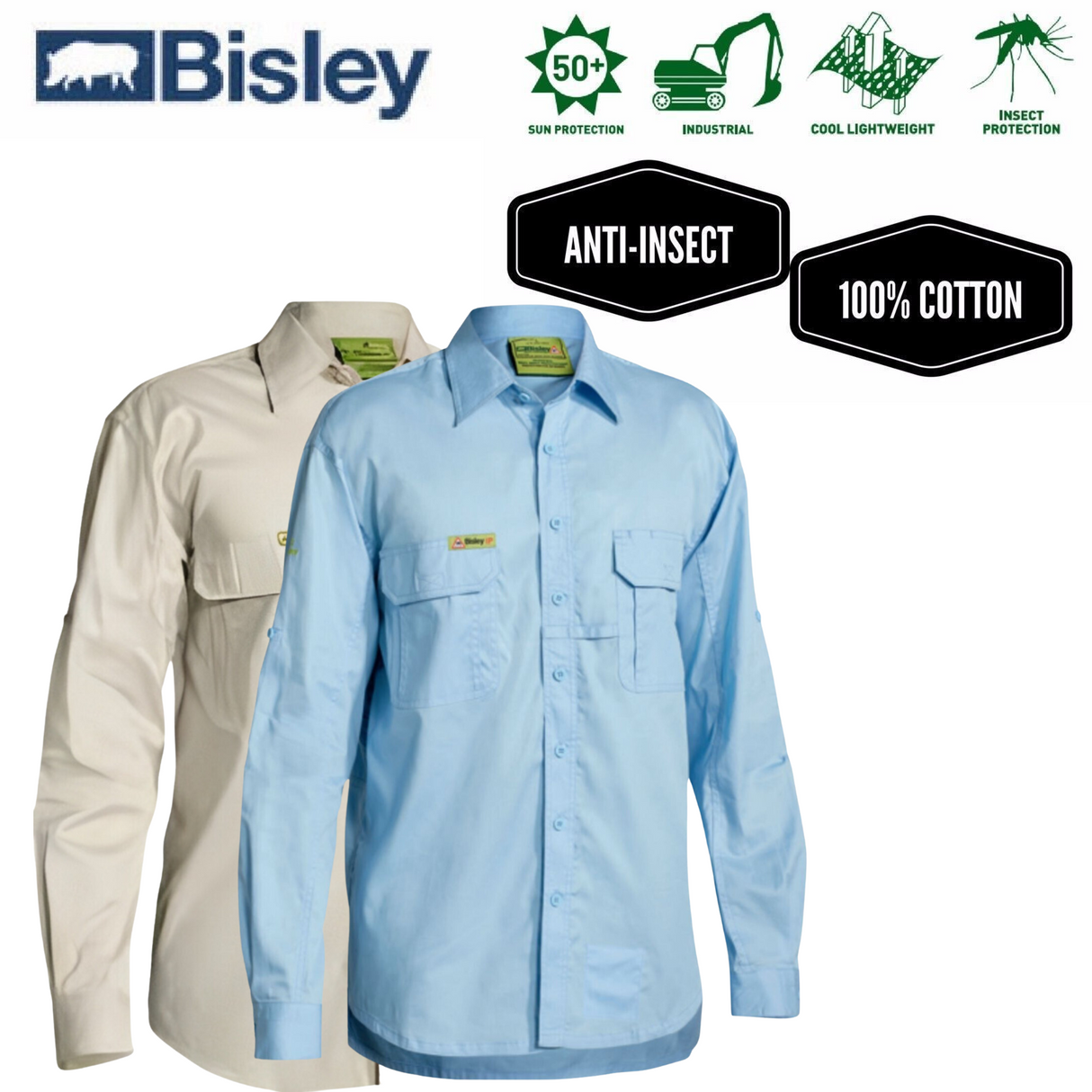 BISLEY Insect Protection Fishing Shirt Long Sleeve Casual Business Work Cotton - VRS6140_BBLB (Blue)