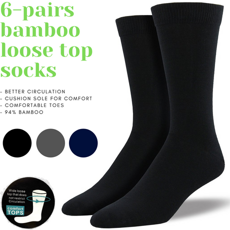 6 Pairs Premium Bamboo Loose Top Socks Diabetic Diabetes Circulation Eco Sox - Black