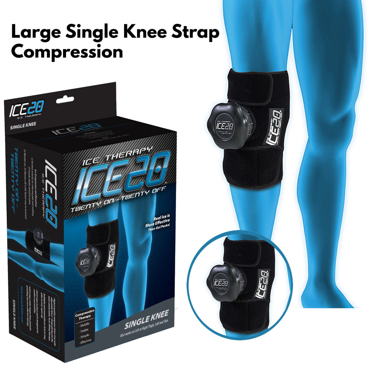 ICE 20 X-Large Single Knee Strap Compression Therapy Wrap Cold Pain Relief