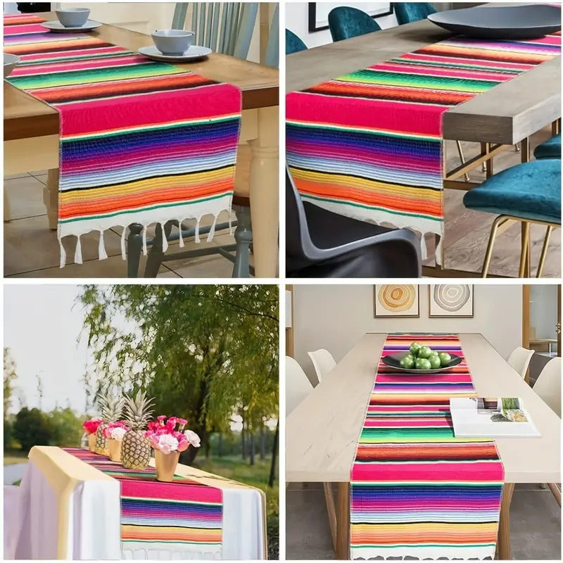 Rainbow Table Runner Stripe With Tassel Mexican Tablecloth Wedding Party Decor