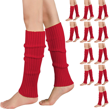 12x LEG WARMERS Knitted Womens Costume Neon Dance Party Knit 80s BULK - Red/White Stripe