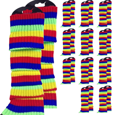 12x LEG WARMERS Knitted Womens Costume Neon Dance Party Knit 80s BULK - Rainbow with Black Stripe