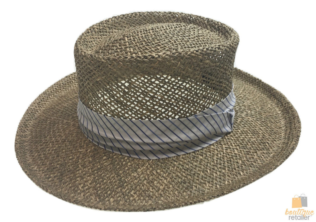 Natural SEAGRASS STRAW PANAMA HAT FEDORA Summer Sun Sturdy - White Band - S/M