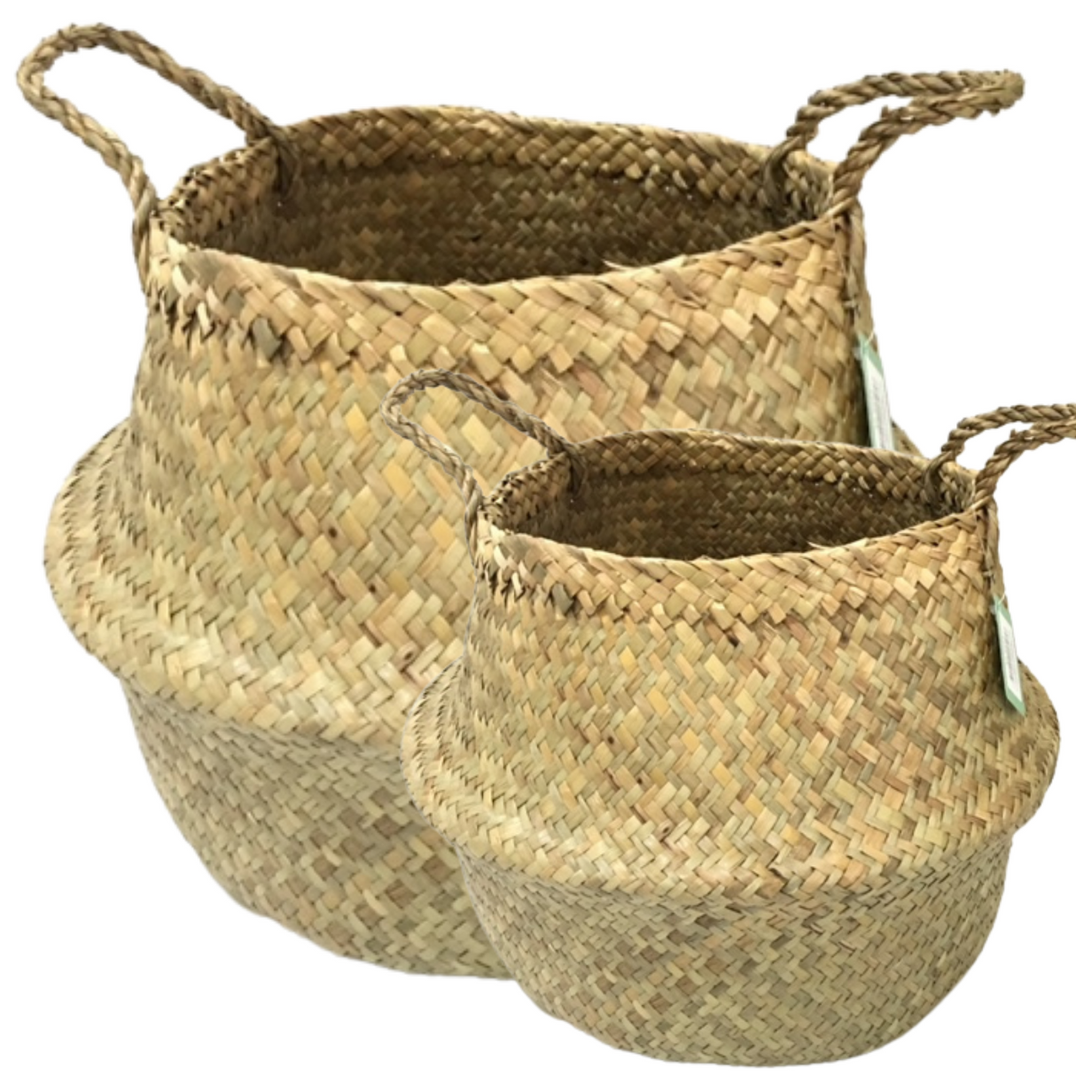 2x ROUND BELLY SEAGRASS STORAGE BASKET Natural Straw Folding Home Flower Pot Wicker