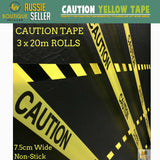 3x CAUTION TAPE Yellow Safety Warning Barricade Industrial Strip Non-Stick 20m