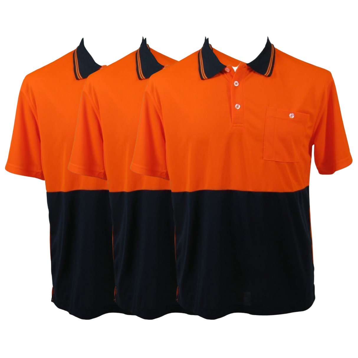 3x HI VIS Polo Shirt Top Tee Safety Workwear Short Sleeve Breathable Mesh BULK - Orange/Navy