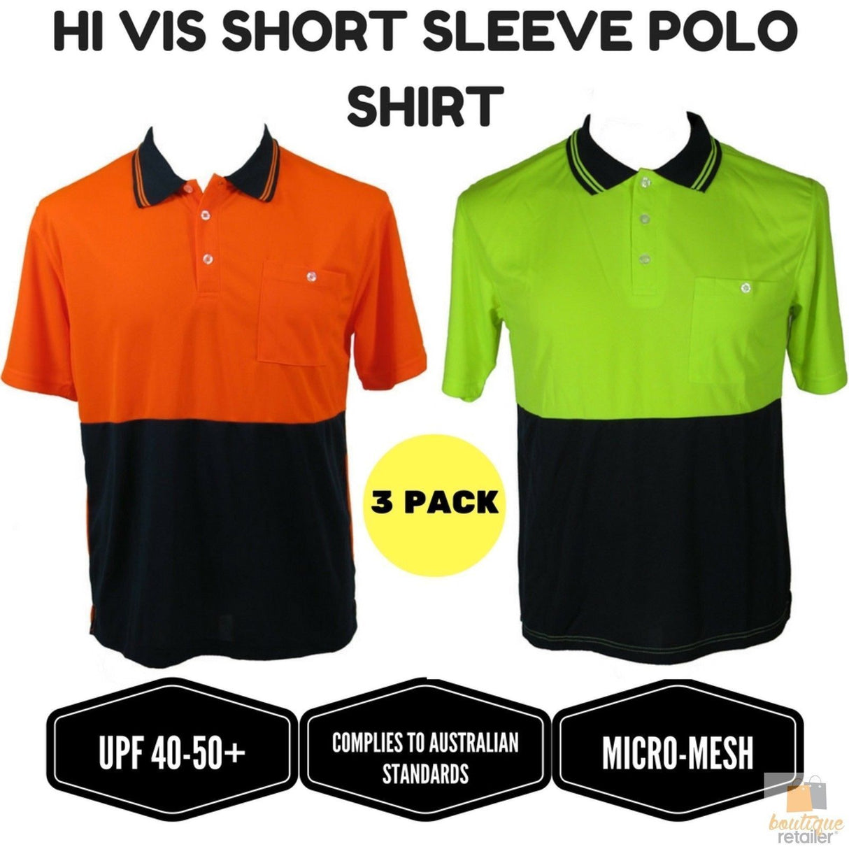 3x HI VIS Polo Shirt Top Tee Safety Workwear Short Sleeve Breathable Mesh BULK - Orange/Navy