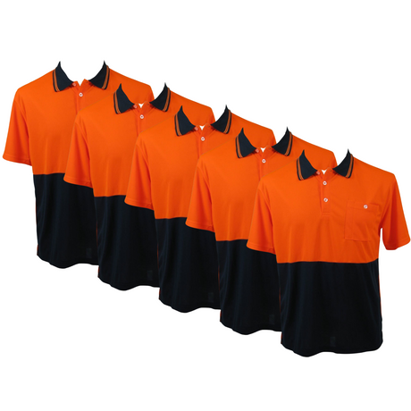 5x HI VIS Polo Shirt Top Tee Safety Workwear Short Sleeve Breathable Mesh BULK - Orange/Navy