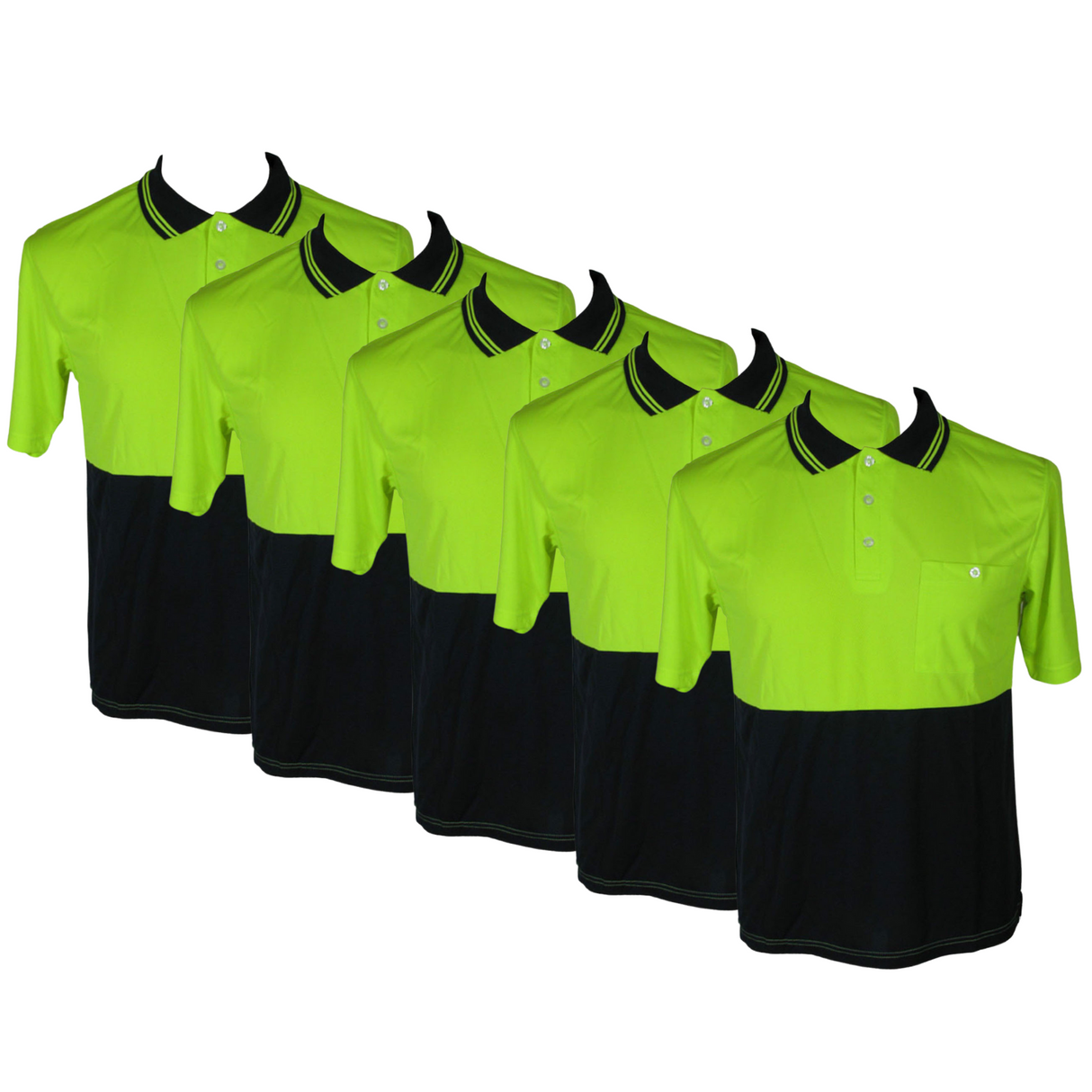 5x HI VIS Polo Shirt Top Tee Safety Workwear Short Sleeve Breathable Mesh BULK - Yellow/Navy