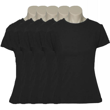 5x Womens Plain Ladies T SHIRT 100% COTTON Basic Tee Casual Top Size 6-24 BULK - Black