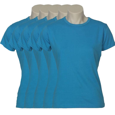 5x Womens Plain Ladies T SHIRT 100% COTTON Basic Tee Casual Top Size 6-24 BULK - Cyan Blue